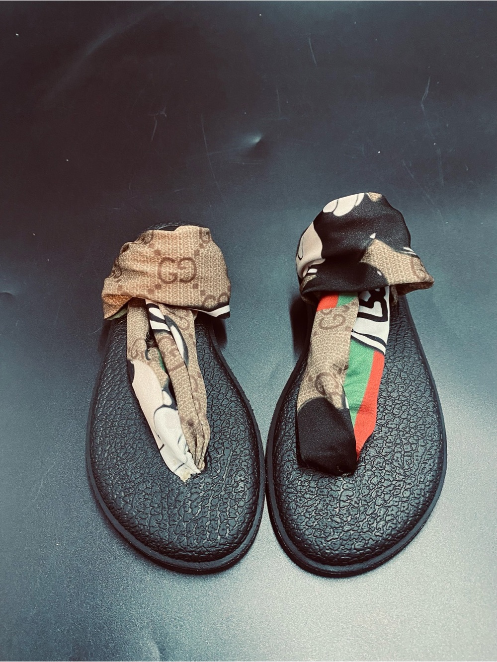 Sanuk Black Sandals with Brown and Multicolor Scarf Straps
